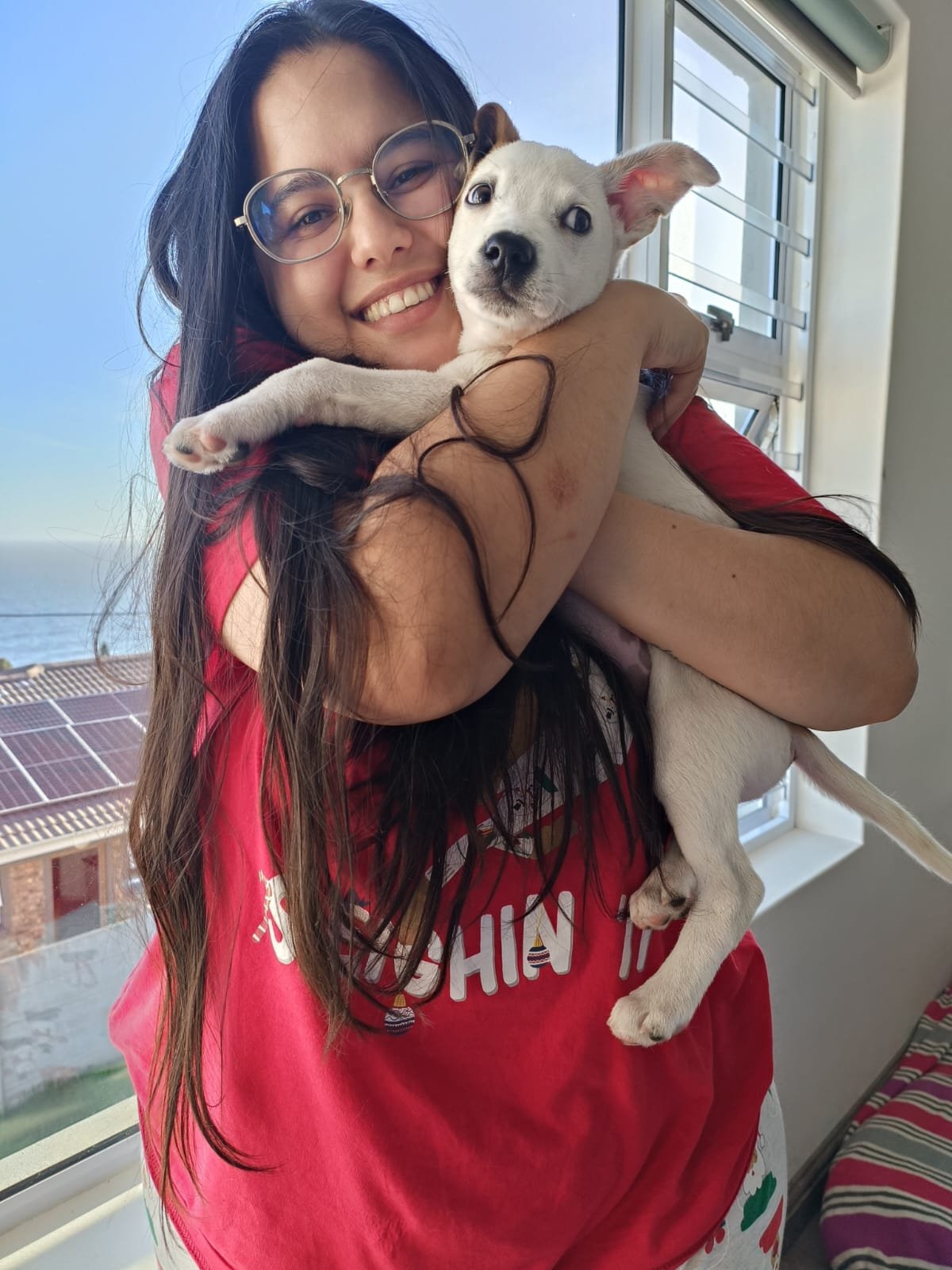 A Paws on Route team member holding a puppy